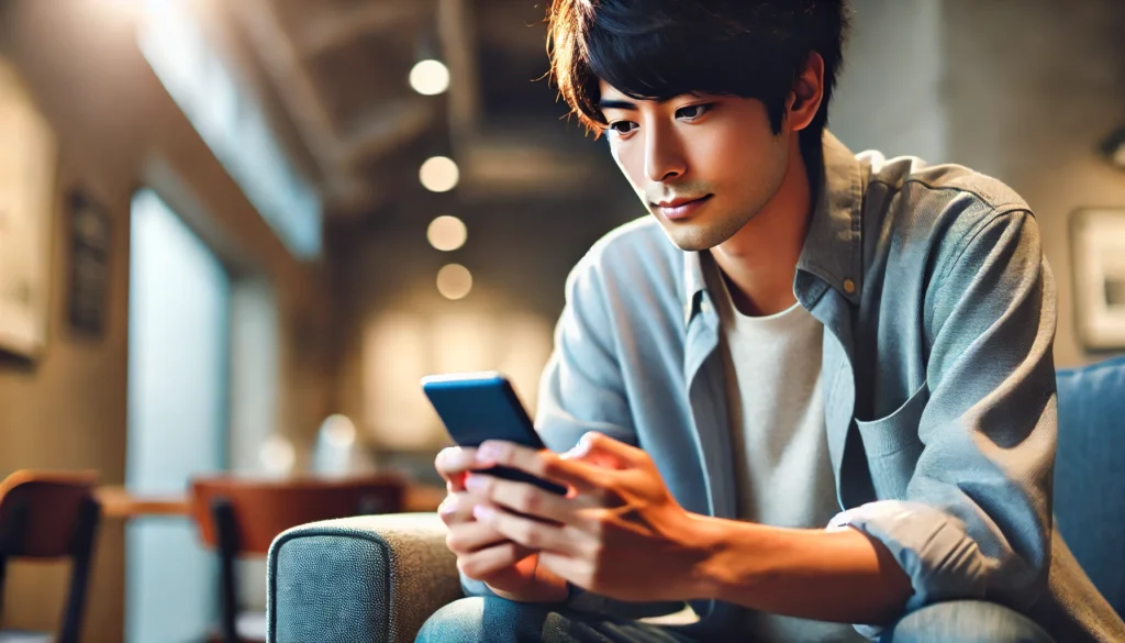 スマホを操作してメンズクリアに申し込んでいる様子の男性。