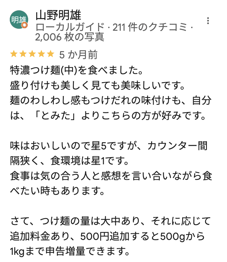 つけ麺 一頂 船橋店のGoogleマップの口コミ1
