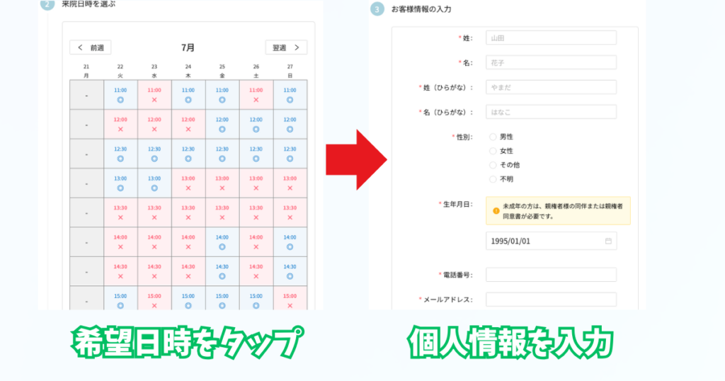 イデアクリニックの無料カウンセリング申し込み手順。
日時と個人情報の入力