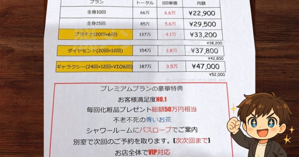 RBLプレミアムプランの脱毛料金の詳細。
実際の写真